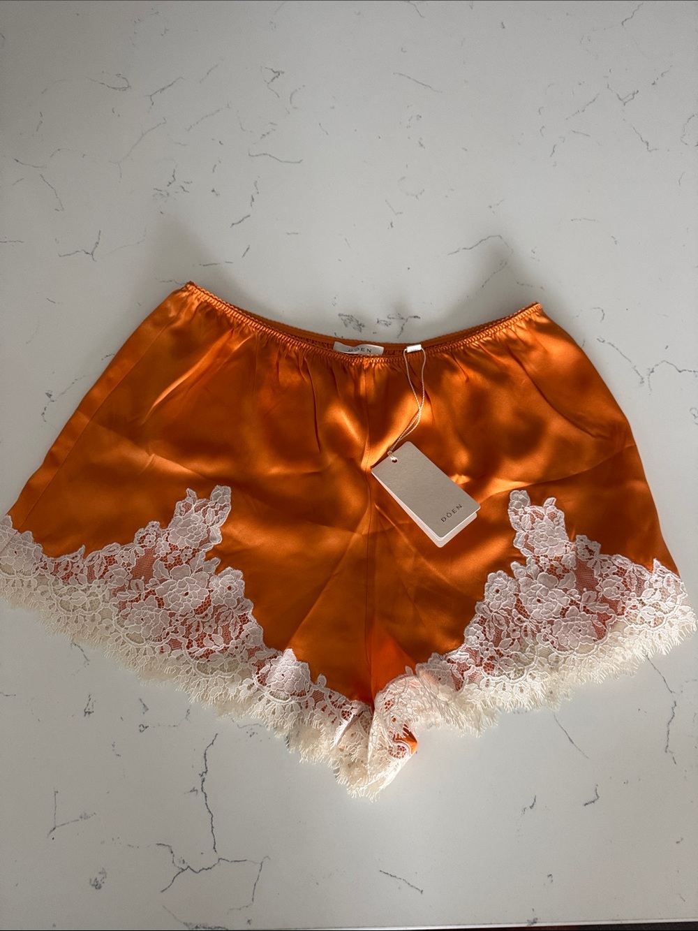 Doen Orange Silk Satin Lace-Trim Iona Shorts Tangerine Large
